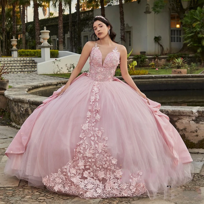 Pink Sexy V-Neck Ball Gown Quinceanera Dresses Sleeves Beading Crystal 3D Flower Princess Birthday Gowns Corset
Pink Sexy V-Neck Ball Gown Quinceanera Dresses Sleeves Beading Crystal 3D Flower Princess Birthday Gowns Corset