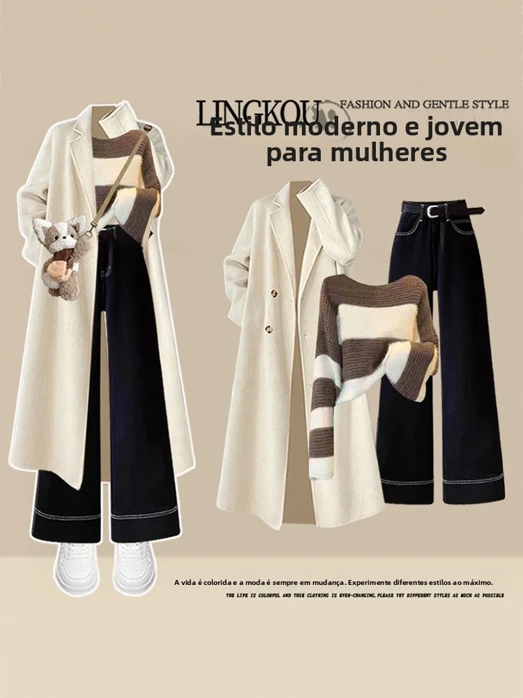 Large Size Autumn Winter Lady Style Set Women's Long Coat Stripe Knitwear Slimming Jeans Three Piece Set High Waist Long Pants
Large Size Autumn Winter Lady Style Set Women's Long Coat Stripe Knitwear Slimming Jeans Three Piece Set High Waist Long Pants