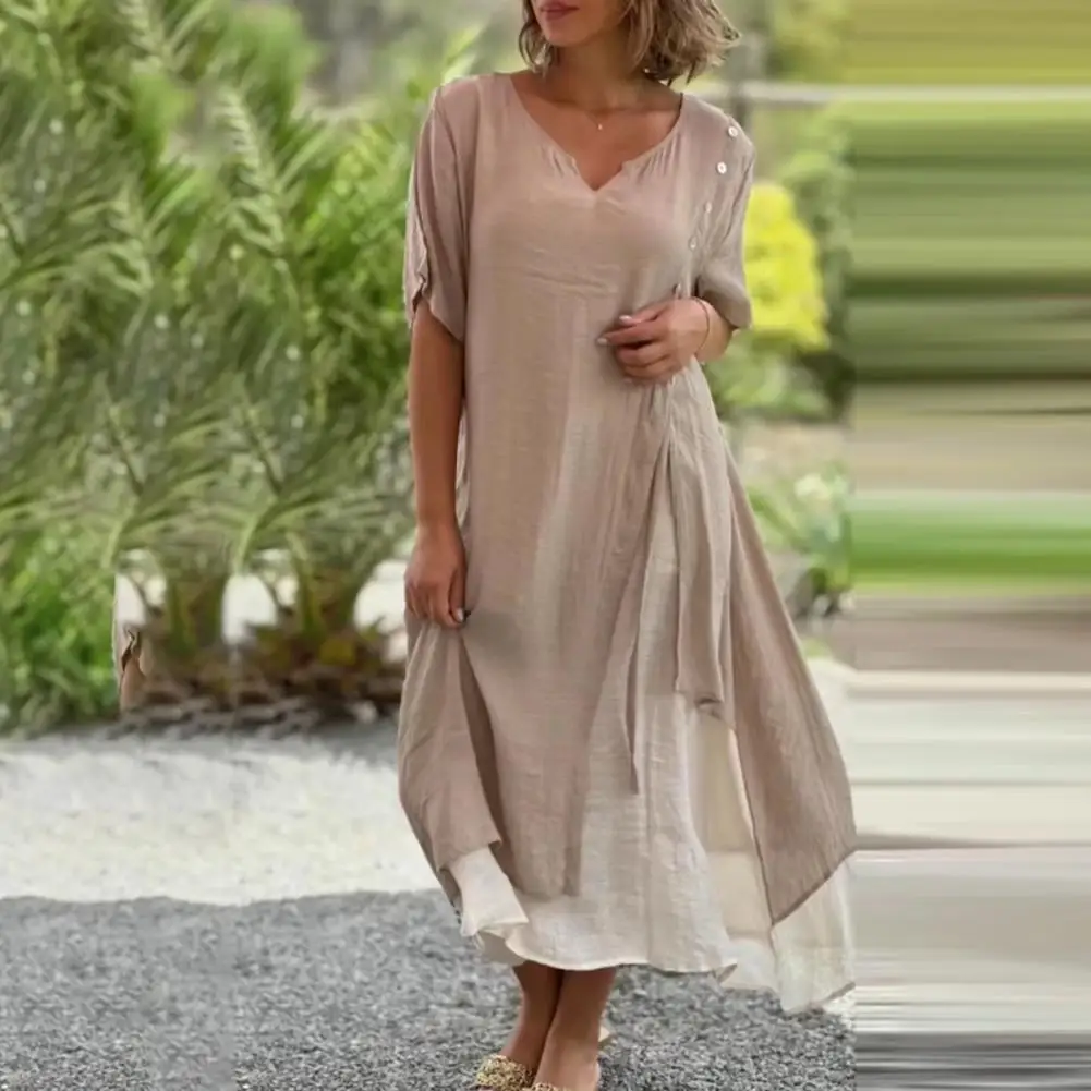 Breathable Cotton Linen Dress Flowy Hem Women's V-neck Midi Dress with Asymmetrical Fake Two Pieces Design Button Decorated
Breathable Cotton Linen Dress Flowy Hem Women's V-neck Midi Dress with Asymmetrical Fake Two Pieces Design Button Decorated