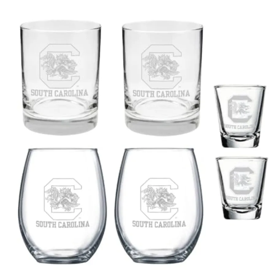 South Carolina Gamecocks 6 Piece Satin Etched Glass Combo Set Includes 2 Wine Glasses, 2 Rocks/Whiskey Glasses, and 2 Shot Glas
South Carolina Gamecocks 6 Piece Satin Etched Glass Combo Set Includes 2 Wine Glasses, 2 Rocks/Whiskey Glasses, and 2 Shot Glas