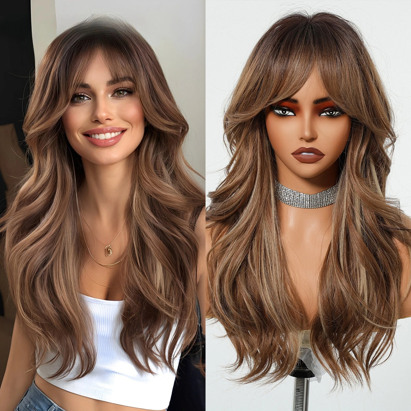 Highlights brown European and American wigs full hair style eight-character bangs long curly hair natural fashion whole hair cov
Highlights brown European and American wigs full hair style eight-character bangs long curly hair natural fashion whole hair cov