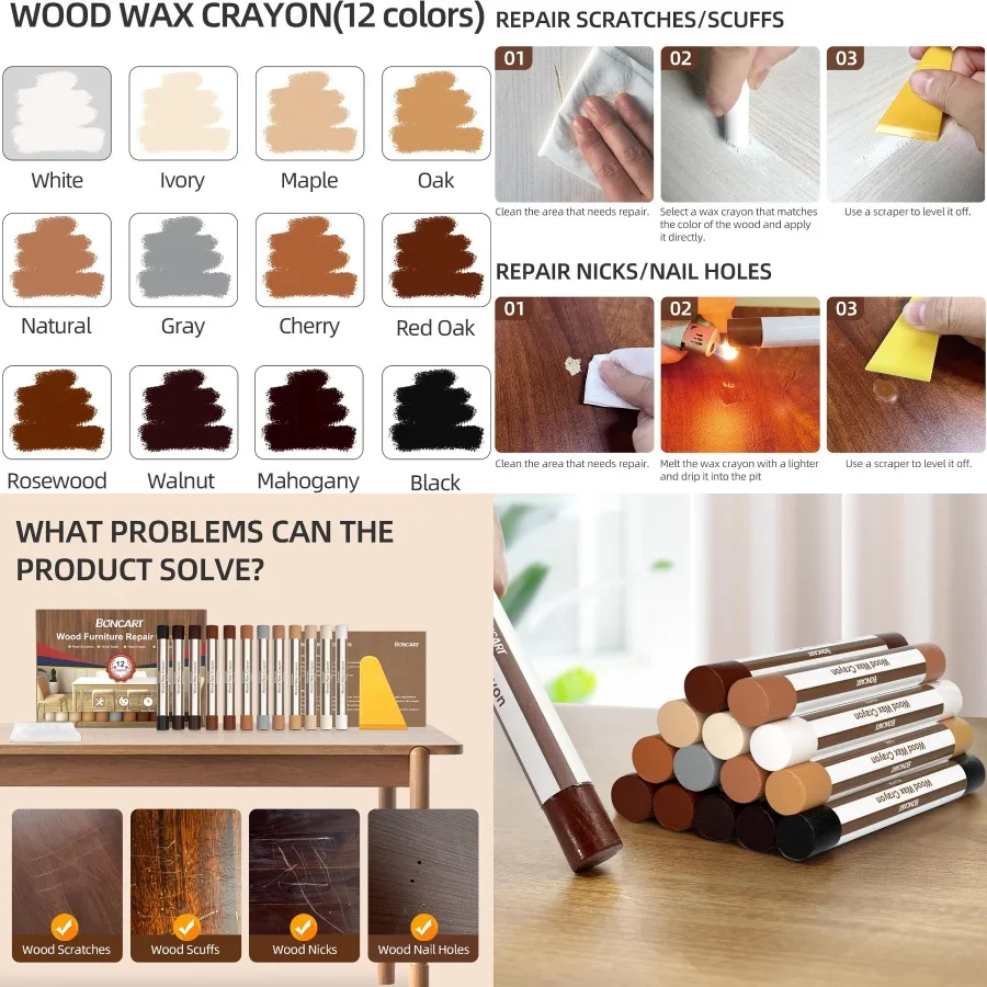 Wood Filler Sticks 12 Colors Wood Wax Crayons for Repairing Scratches Scuffs Cracks and Nail Holes on Wood Furniture Floors Cab
Wood Filler Sticks 12 Colors Wood Wax Crayons for Repairing Scratches Scuffs Cracks and Nail Holes on Wood Furniture Floors Cab