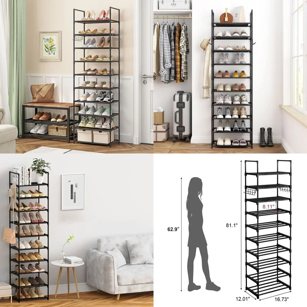 Tall Shoe Rack 10 Tier Standing Storage Cabinet for Shoes Boots with Hooks Organizer Space Saving Entryway Closet Shelf Modern
Tall Shoe Rack 10 Tier Standing Storage Cabinet for Shoes Boots with Hooks Organizer Space Saving Entryway Closet Shelf Modern