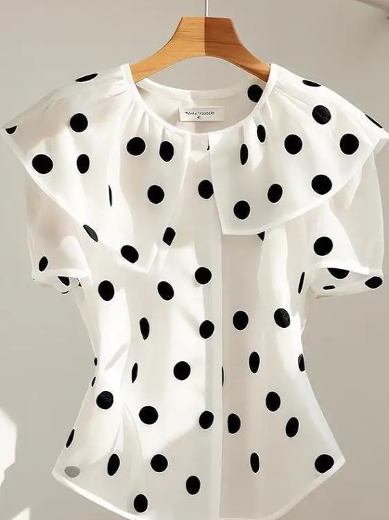 Fashionable Polka Dot Print Asymmetrical Collar Short Sleeve Women's Chiffon Shirt Slimming Top Unique Summer New Arrival
Fashionable Polka Dot Print Asymmetrical Collar Short Sleeve Women's Chiffon Shirt Slimming Top Unique Summer New Arrival
