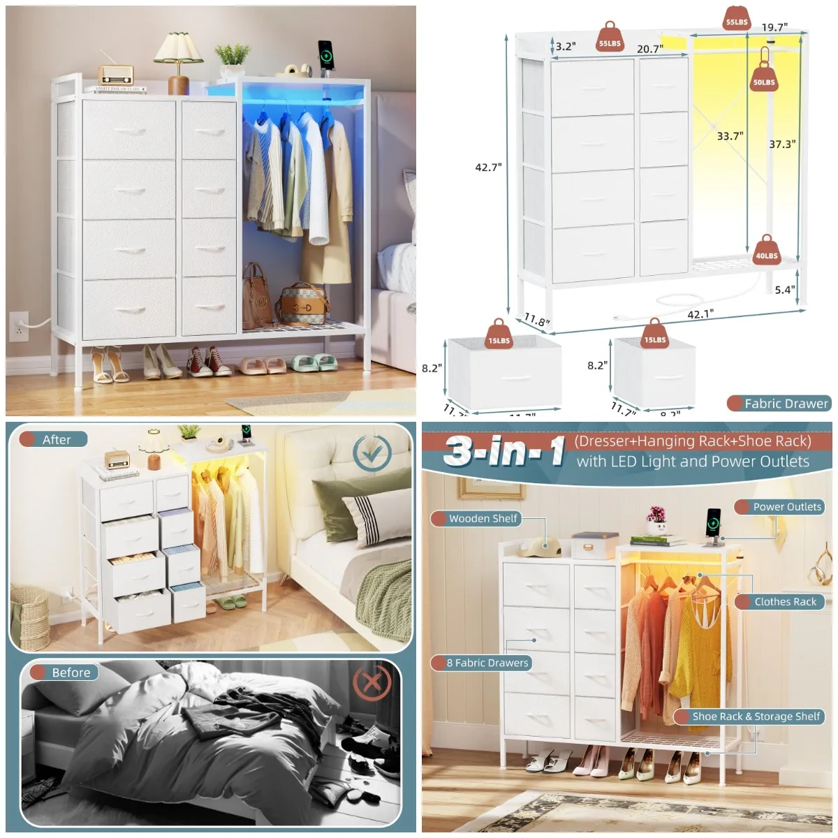 8-Drawer Dresser with Charging Station, LED Lights & Clothes Rack, White Kids Bedroom Chest
8-Drawer Dresser with Charging Station, LED Lights & Clothes Rack, White Kids Bedroom Chest