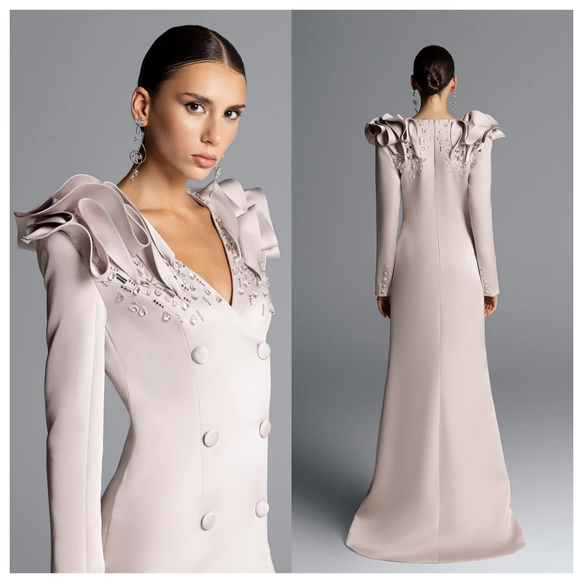 Customized Temperament Grey Jersey Evening Dress V-Neck Long Sleeves Celebrity Gowns Crystal Vestido De Festa Buttons
Customized Temperament Grey Jersey Evening Dress V-Neck Long Sleeves Celebrity Gowns Crystal Vestido De Festa Buttons