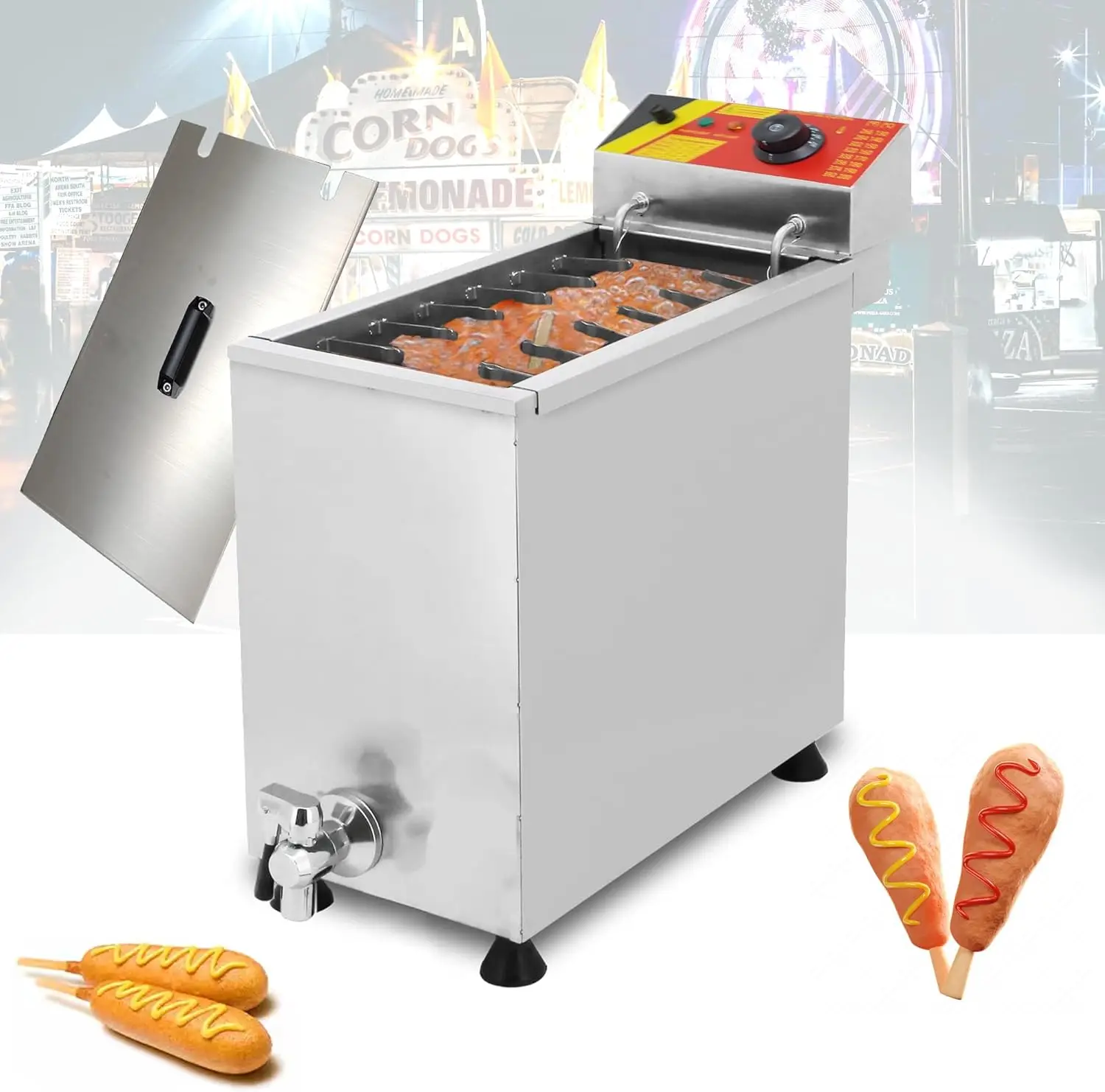 Commercial Electric Corn Dog Fryer Machine, 110V/1.8KW, 25L Large Capacity, 12 Stick Holders, Electric Deep Fryer for Hot Dog
Commercial Electric Corn Dog Fryer Machine, 110V/1.8KW, 25L Large Capacity, 12 Stick Holders, Electric Deep Fryer for Hot Dog
