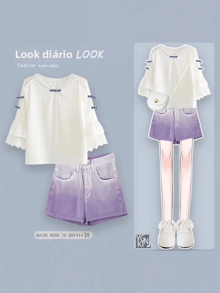 Summer 2026 White Short Sleeve Shirt And Purple Gradient Denim Shorts Women's Fashion Set Young Looking Clothing for Small St...
Summer 2026 White Short Sleeve Shirt And Purple Gradient Denim Shorts Women's Fashion Set Young Looking Clothing for Small St...