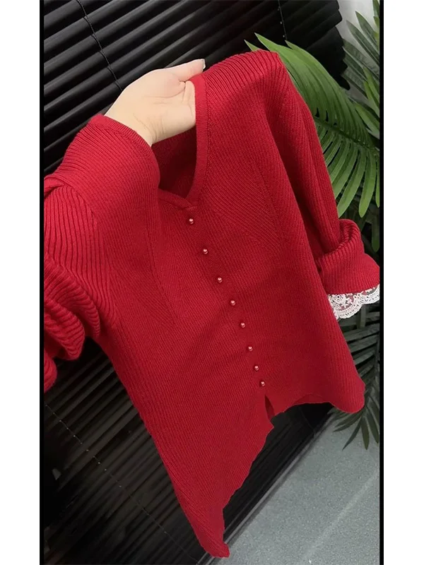Red Lace Splice Long Sleeve Knitted Sweater Women's plus Size Slimming Spring New Style Korean Style Commute Soft Knitwear
Red Lace Splice Long Sleeve Knitted Sweater Women's plus Size Slimming Spring New Style Korean Style Commute Soft Knitwear