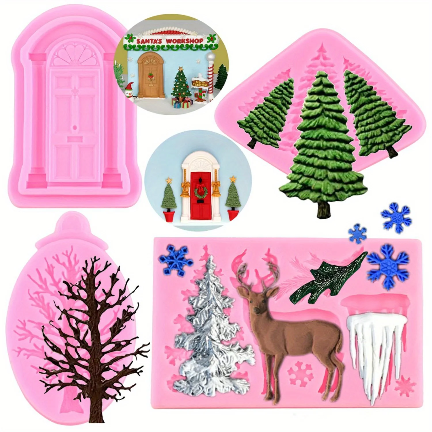 4pcs Christmas Silicone Molds - Tree, Elk, Snowflake, Deer for Cake, Clay, Chocolate, Gum Paste.
4pcs Christmas Silicone Molds - Tree, Elk, Snowflake, Deer for Cake, Clay, Chocolate, Gum Paste.