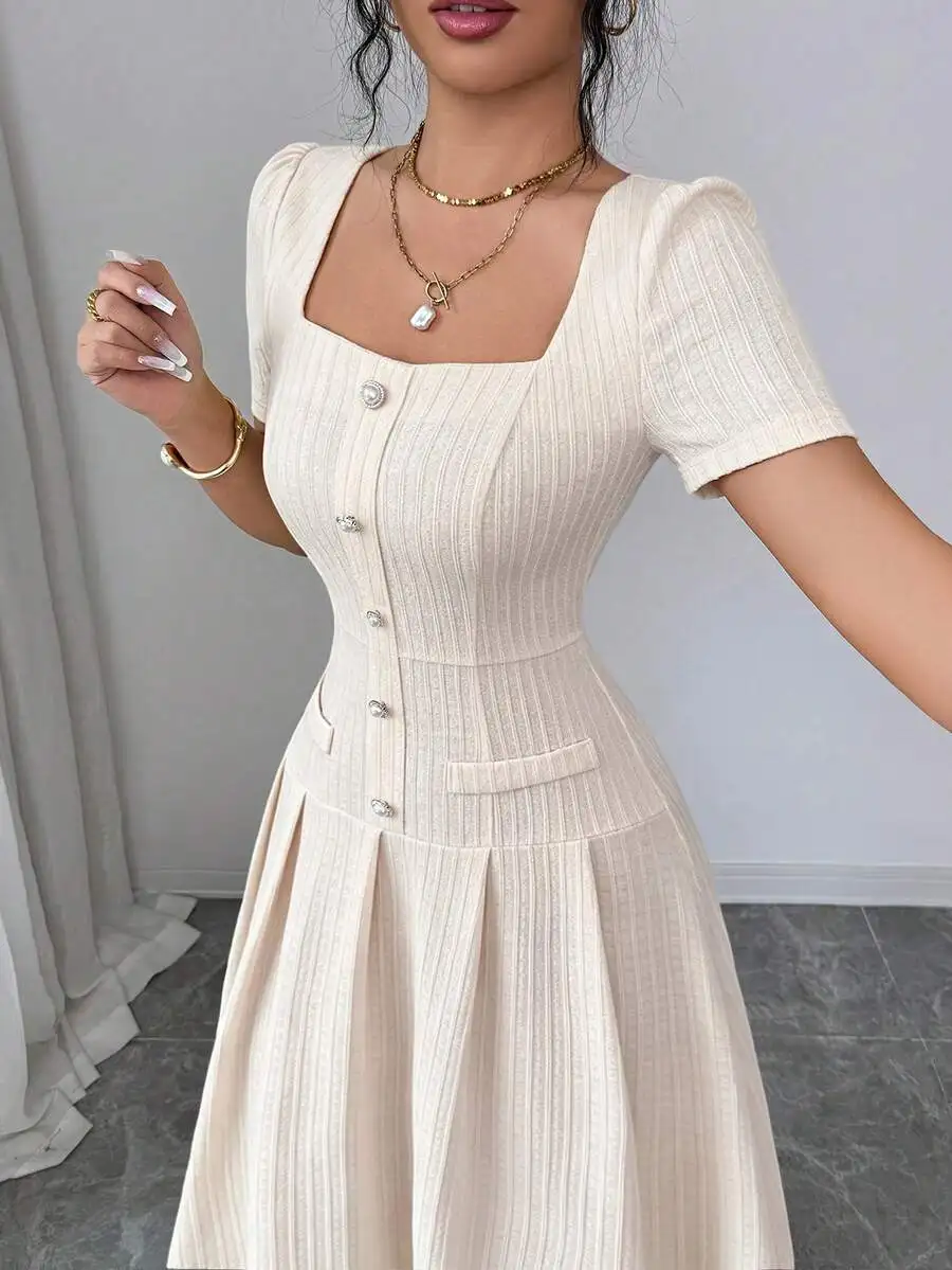 Elegant Square Neck Short Sleeve A-Line Dress With Buttons Beige Textured Fabric Casual Everyday Wear
Elegant Square Neck Short Sleeve A-Line Dress With Buttons Beige Textured Fabric Casual Everyday Wear