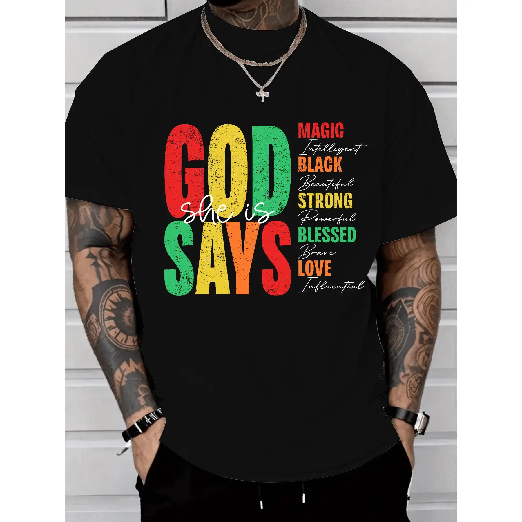 Symbolic T - Shirt Expressing Affirmations: 'God She is Says' - A Statement of Identity and Self - Love
Symbolic T - Shirt Expressing Affirmations: 'God She is Says' - A Statement of Identity and Self - Love