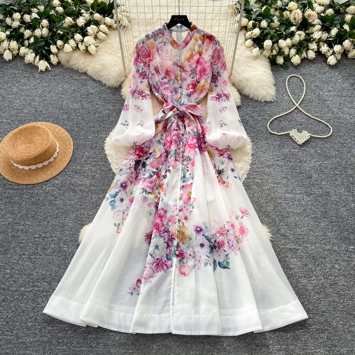 ALPHALMODA Floral Printed, puff-sleeved, stand-collar, tie-waist, Women graceful maxi dress, slip included 2pcs dress
ALPHALMODA Floral Printed, puff-sleeved, stand-collar, tie-waist, Women graceful maxi dress, slip included 2pcs dress