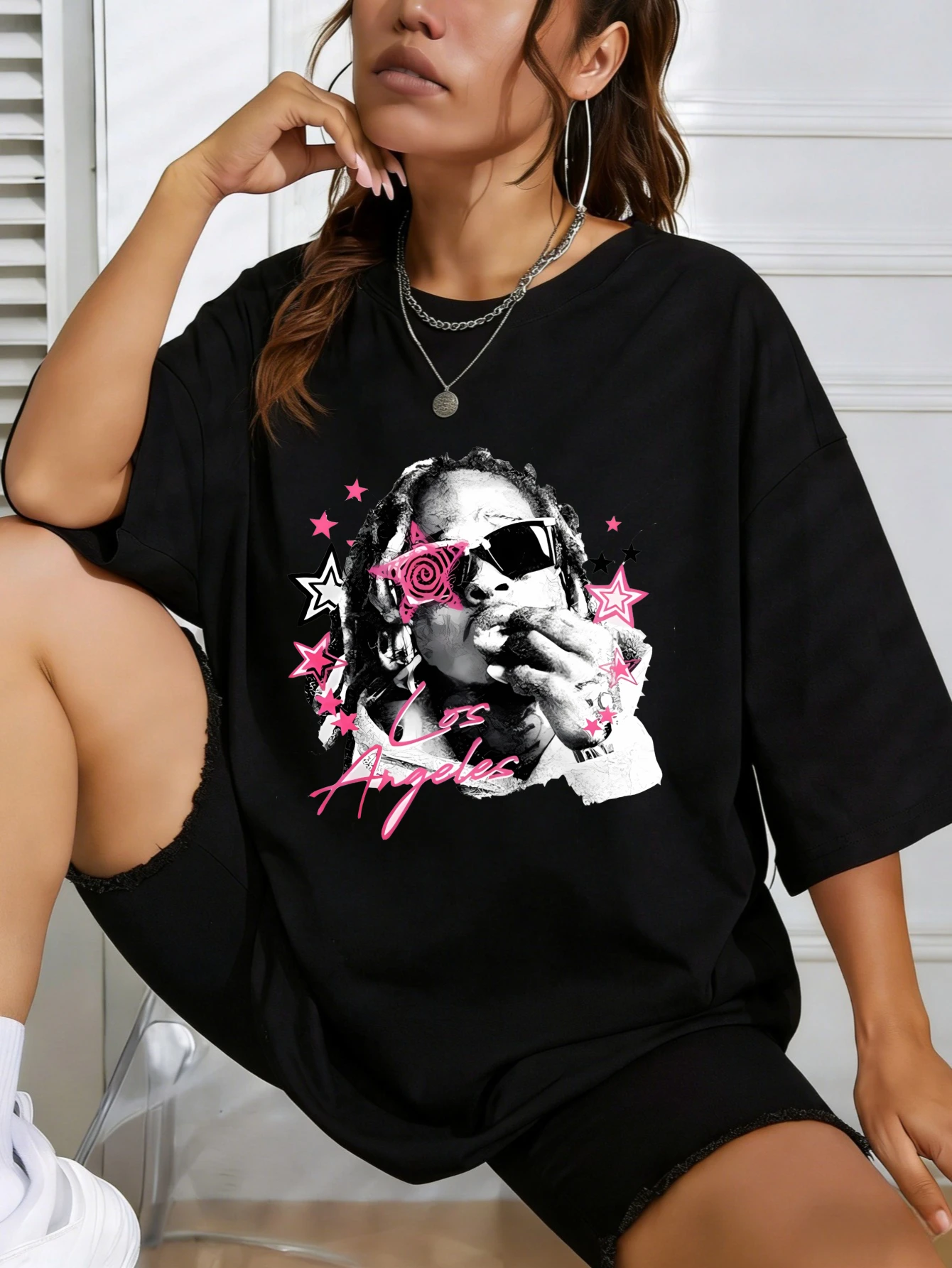 womens oversized cotton streetwear graphic t shirt with cool figure & pink roses print - casual summer short sleeve gift for her
womens oversized cotton streetwear graphic t shirt with cool figure & pink roses print - casual summer short sleeve gift for her