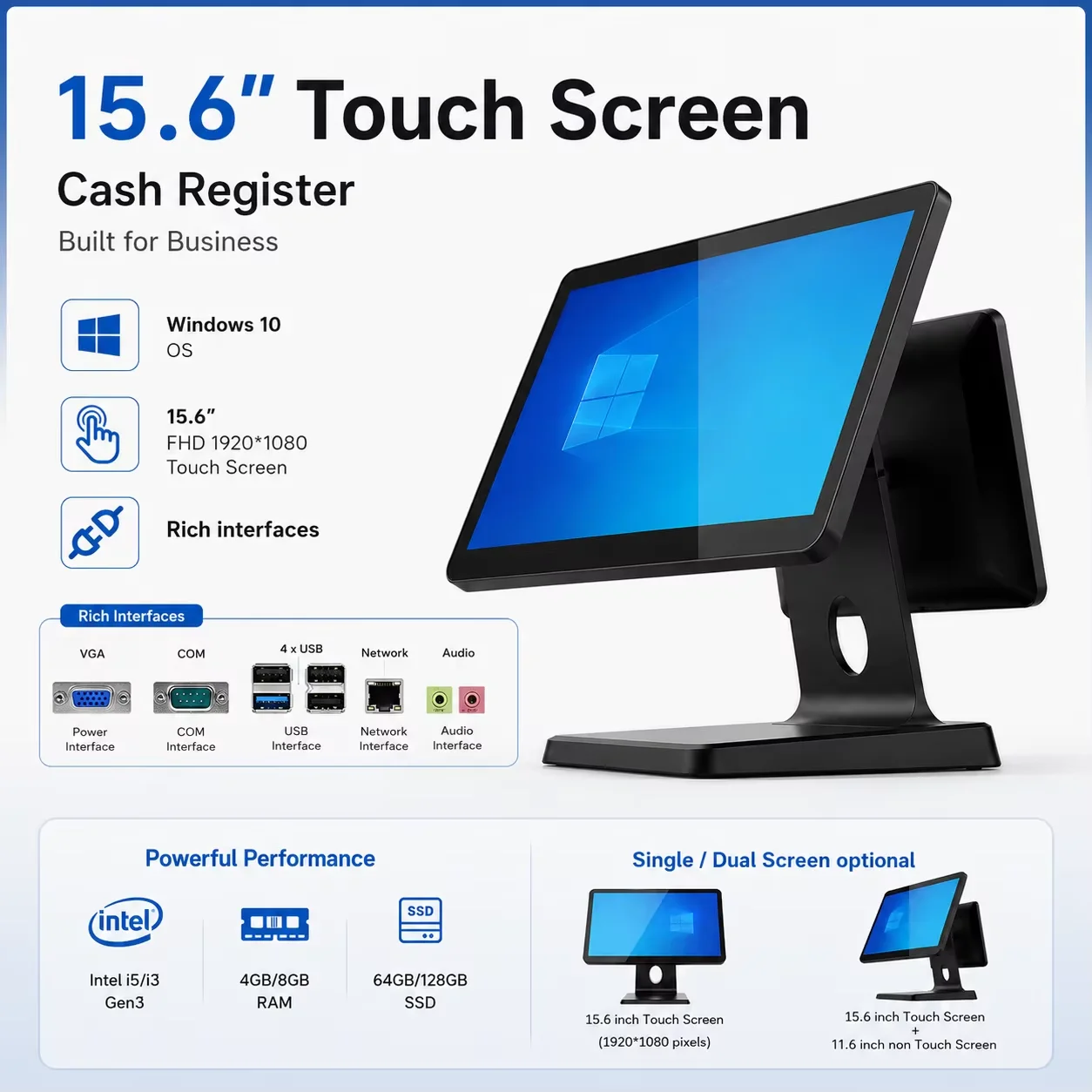 15.6 Inch Windows POS Touch Screen Cash Register With I5 Gen4 8G 128G Foldable Stand Rich Interfaces Monitor Digital LED Display