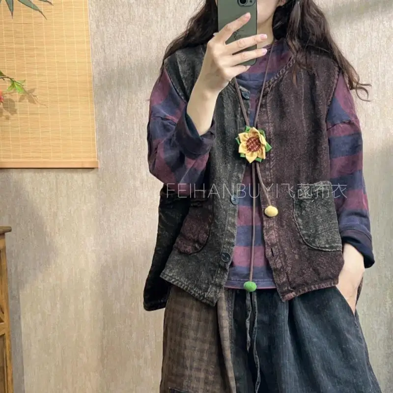 Весенне-осенний новый художественный стиль, женский однобортный жилет с круглым вырезом, лоскутное хлопковое льняное короткое пальто без рукавов, высокое качество F2501 
Весенне-осенний новый художественный стиль, женский однобортный жилет с круглым вырезом, лоскутное хлопковое льняное короткое пальто без рукавов, высокое качество F2501