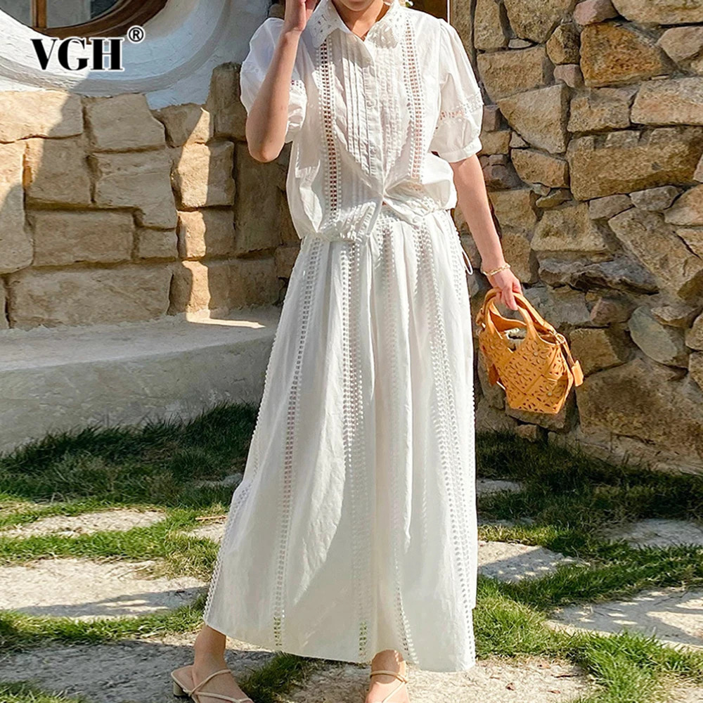 VGH Casual Loose Hollow Out Two Piece Sets For Women Lapel Short Sleeve Spliced Button Top High Waist Skirt Elegant Set Female
VGH Casual Loose Hollow Out Two Piece Sets For Women Lapel Short Sleeve Spliced Button Top High Waist Skirt Elegant Set Female