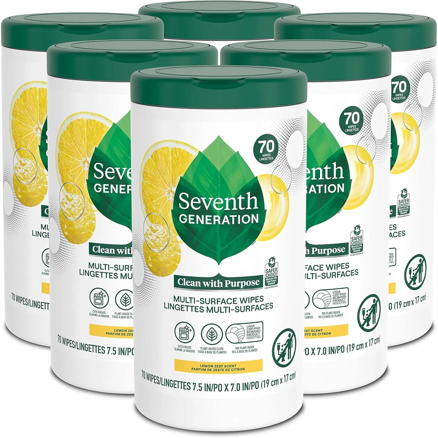 Multi Surface Cleaning Wipes, Lemon Zest Scent with Essential Oils, 70 Count Pack of 6
Multi Surface Cleaning Wipes, Lemon Zest Scent with Essential Oils, 70 Count Pack of 6
