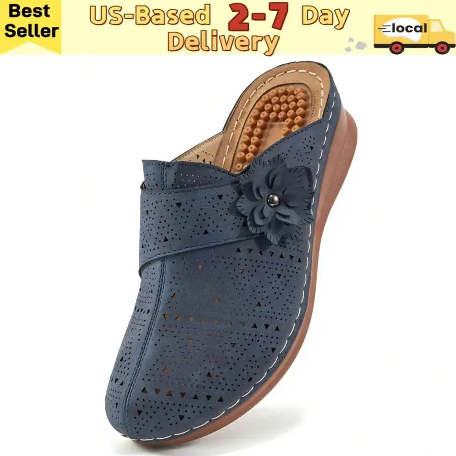 Womens Blue Perforated Slip-On Clogs With Arch Support And Flower Decor
Womens Blue Perforated Slip-On Clogs With Arch Support And Flower Decor
