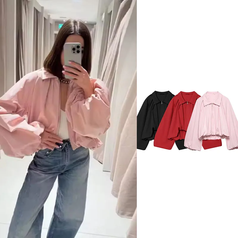 Women's Pink Balloon Sleeve Short Jacket, Notched Collar, Zipper, Ruffled Hem, Casual Flight Jacket Coat
Women's Pink Balloon Sleeve Short Jacket, Notched Collar, Zipper, Ruffled Hem, Casual Flight Jacket Coat
