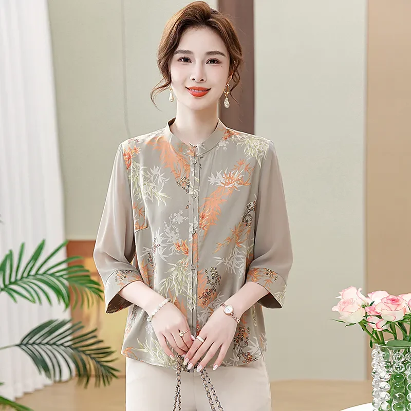 Women's New Chinese Style Floral Bamboo Print Blouse Stand Collar Three Quarter Sleeve Chiffon Casual Elegant Mom Top In Beige
Women's New Chinese Style Floral Bamboo Print Blouse Stand Collar Three Quarter Sleeve Chiffon Casual Elegant Mom Top In Beige