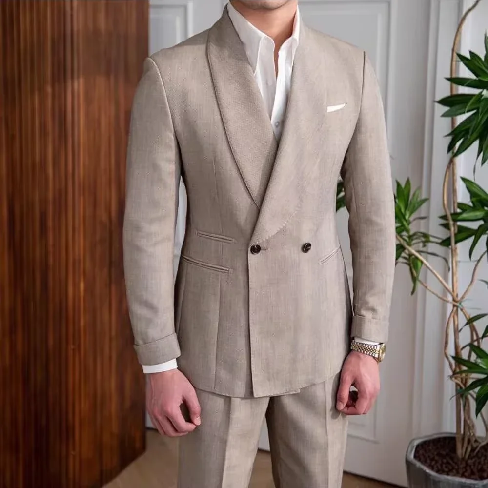Men's Linen Suit 2-Piece Khaki Shawl Collar Double-Breasted Slim Fit Breathable Jacket and Pants Formal Set for Summer Business
Men's Linen Suit 2-Piece Khaki Shawl Collar Double-Breasted Slim Fit Breathable Jacket and Pants Formal Set for Summer Business