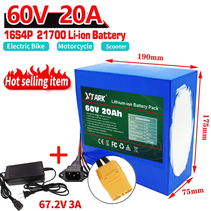 60V 20A Electric Bike 21700 Battery For Scooter Motorcycle 67.2V 16S4P 3000W XT90 Rechargeable Battery With Same Port BMS+Charge
60V 20A Electric Bike 21700 Battery For Scooter Motorcycle 67.2V 16S4P 3000W XT90 Rechargeable Battery With Same Port BMS+Charge