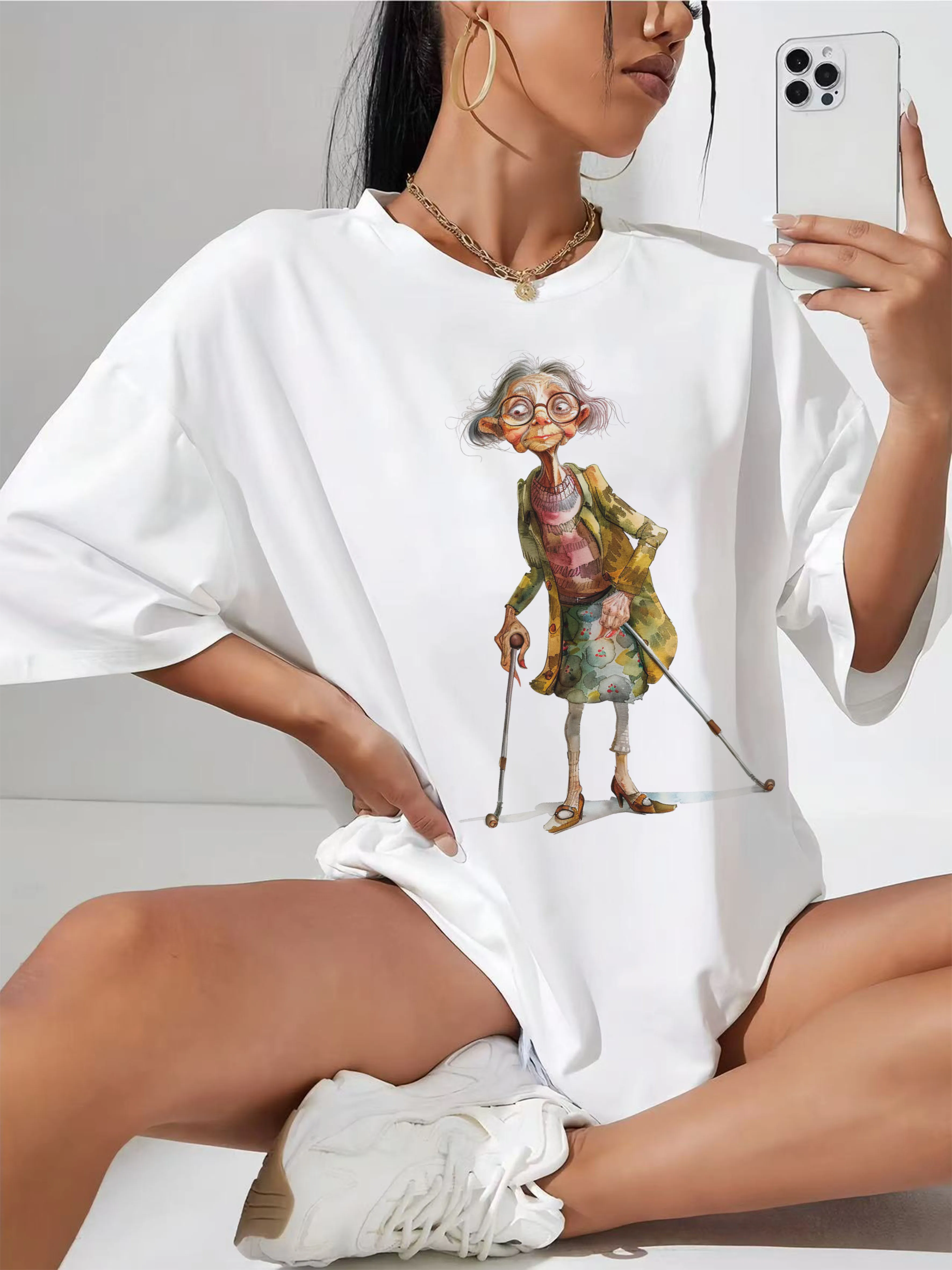 Quirky-Whimsical-Crazy-Grandma-Clipart Fashionable White Women's T-Shirt Trendy Round Neck Relaxed Fit Ideal for Festivals
Quirky-Whimsical-Crazy-Grandma-Clipart Fashionable White Women's T-Shirt Trendy Round Neck Relaxed Fit Ideal for Festivals