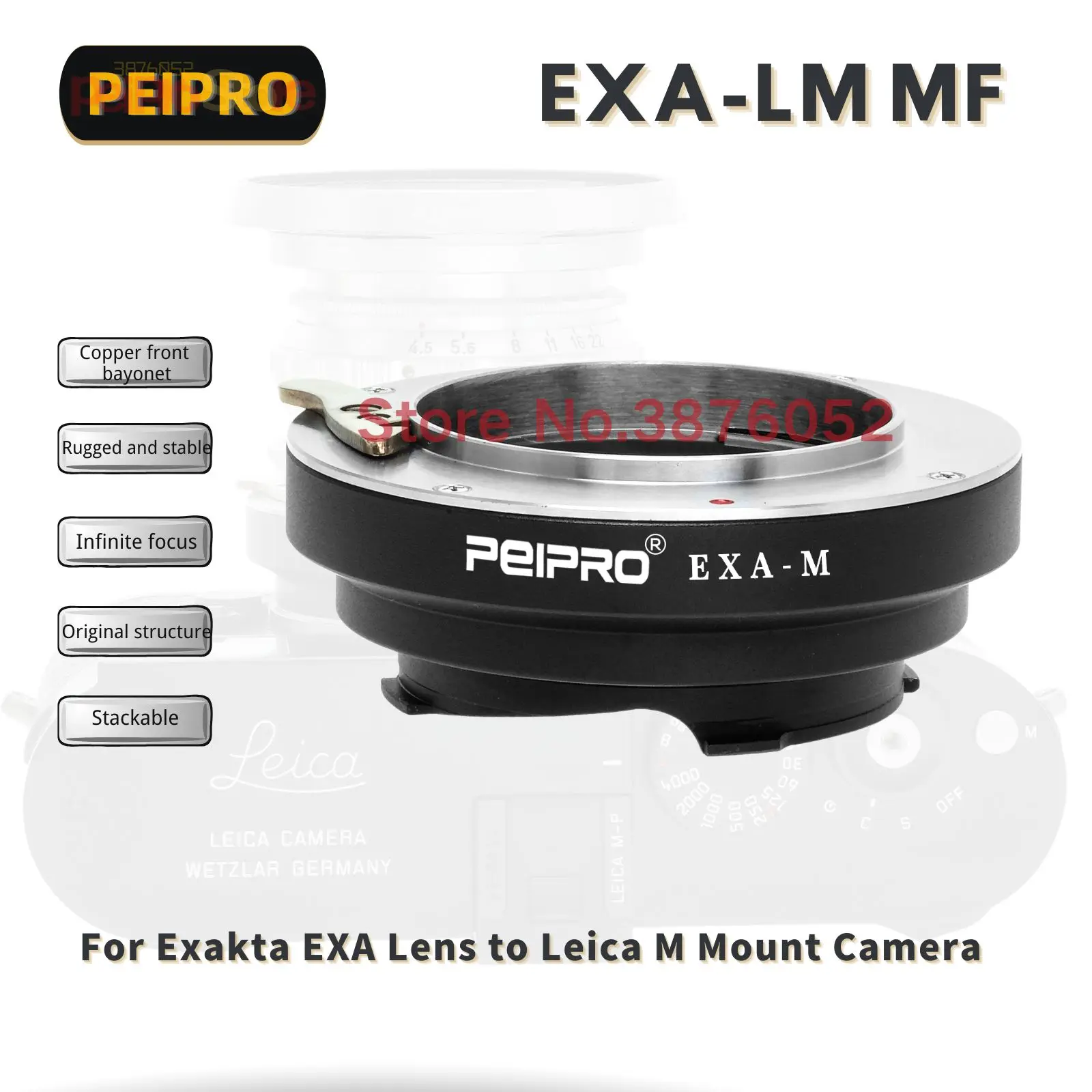 PEIPRO EXA-M Lens Adapter Converter for Exakta EXA lens to Leica M camera M8 M9 M10 M11P
PEIPRO EXA-M Lens Adapter Converter for Exakta EXA lens to Leica M camera M8 M9 M10 M11P