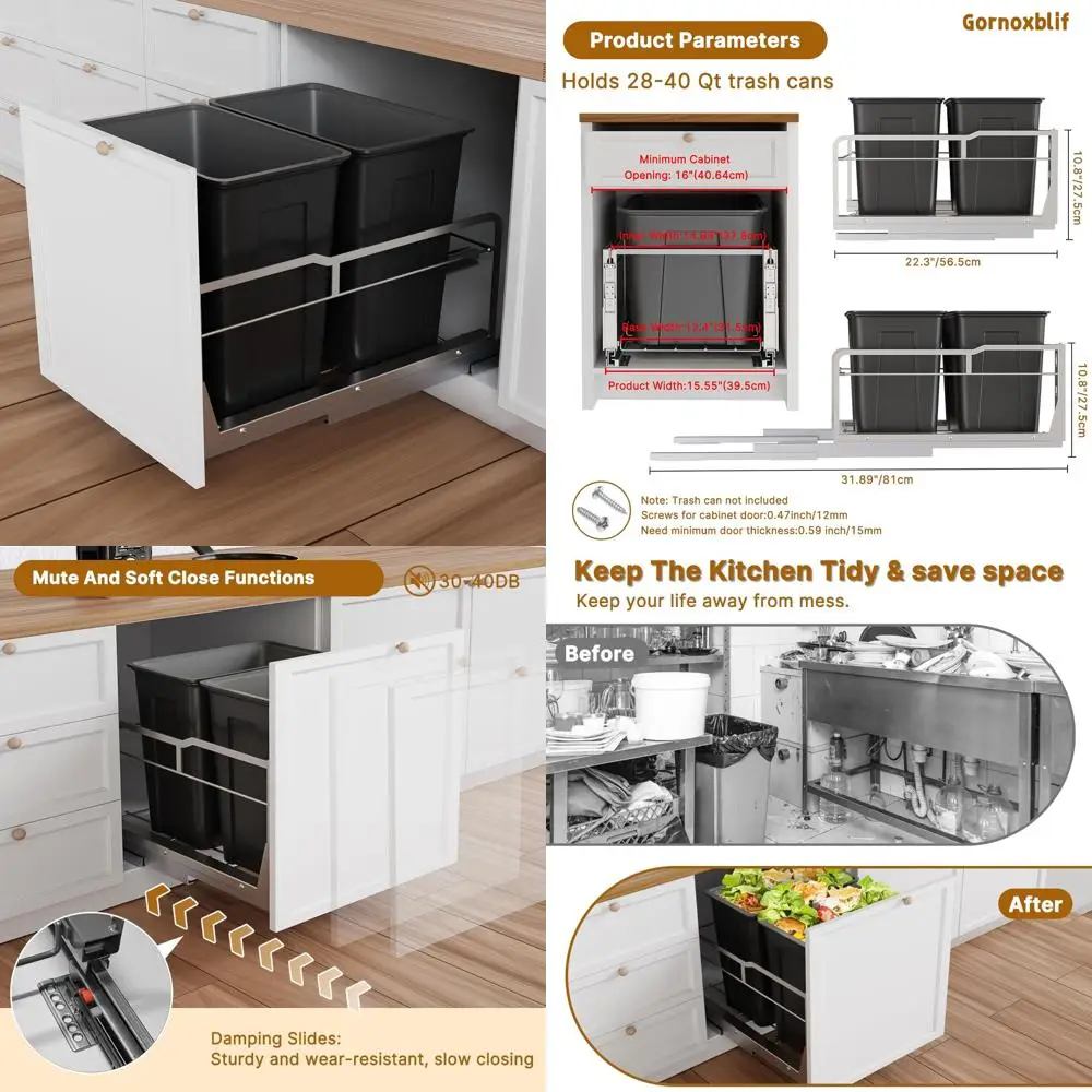 Сверхмощный кухонный мусорный бак с направляющими с мягким закрыванием, система мусорного бака под двойным выдвижным под шкафом
Сверхмощный кухонный мусорный бак с направляющими с мягким закрыванием, система мусорного бака под двойным выдвижным под шкафом