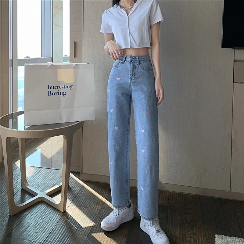 Korean Heart with Embroidery Straight Jeans Pants Women Summer Autumn High Waist Street Wide Leg Pants Cute Women Jeans
Korean Heart with Embroidery Straight Jeans Pants Women Summer Autumn High Waist Street Wide Leg Pants Cute Women Jeans