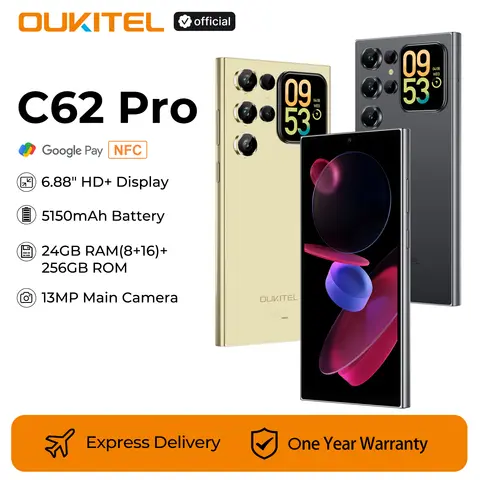 OUKITEL C62 Pro スマートフォン Android 15、6.88インチ HD+ ディスプレイ Unisoc T615 携帯電話、24GB (8+16) + 256GB、5150mAh バッテリー NFC モバイル