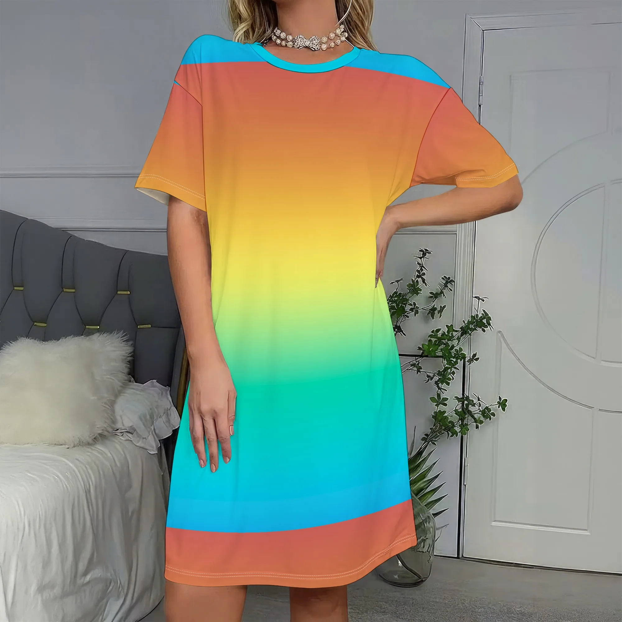 Gradient Rainbow Print, Short Sleeve T-Shirt Dress, Ombre Color Block Tee Dress, Casual Loose Fit Sundress for Women, S-2XL
Gradient Rainbow Print, Short Sleeve T-Shirt Dress, Ombre Color Block Tee Dress, Casual Loose Fit Sundress for Women, S-2XL