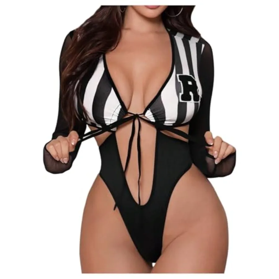 OYOANGLE Women's Sexy Referee Bodysuit Costume Striped Print Long Sleeve Tie Front Valentine Cosplay Lingerie
OYOANGLE Women's Sexy Referee Bodysuit Costume Striped Print Long Sleeve Tie Front Valentine Cosplay Lingerie