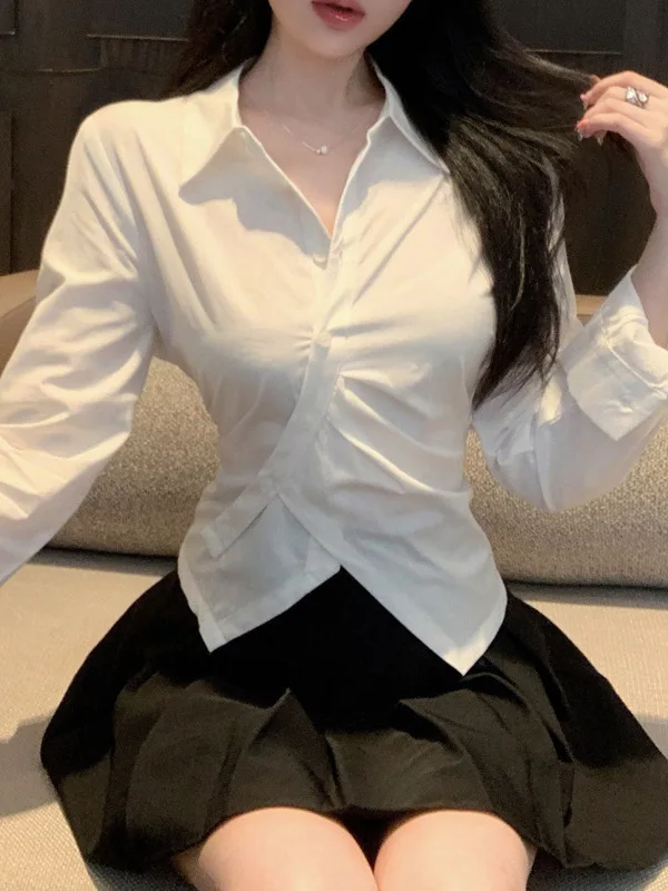 Korean Version New Lapel Irregular Single Breasted Long Sleeve Shirt Women Cinching Waist Solid Slim Top
Korean Version New Lapel Irregular Single Breasted Long Sleeve Shirt Women Cinching Waist Solid Slim Top