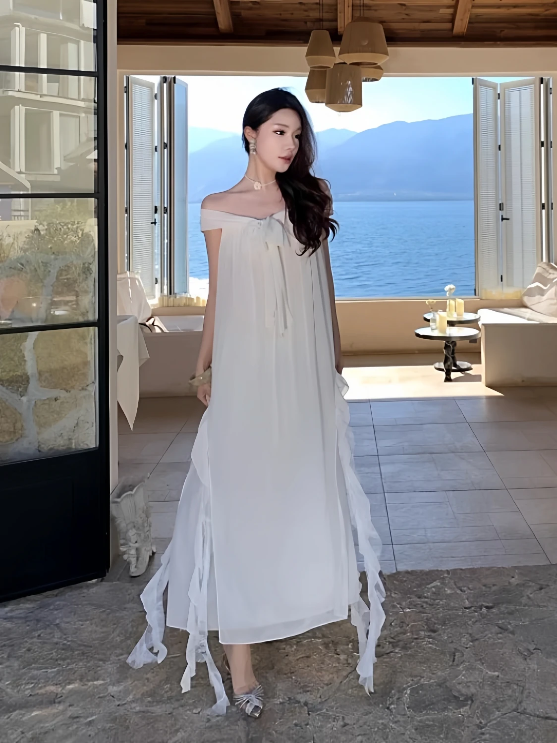 Romantic White Pleated Lace Trim Dr Beautiful One oulder Bow Tie Extraordinary Long Skirt Beach Vaion Sle Women's D...
Romantic White Pleated Lace Trim Dr Beautiful One oulder Bow Tie Extraordinary Long Skirt Beach Vaion Sle Women's D...