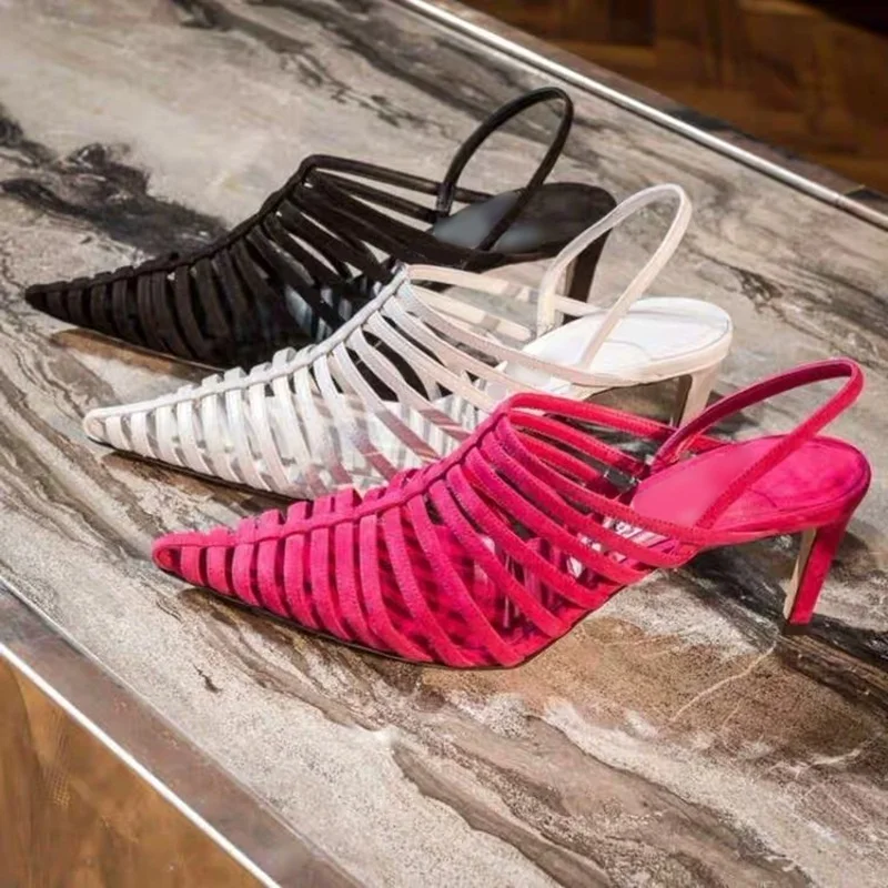 Narrow Strappy Rome Cage Shoes Pointy Toe Fuchsia Suede Women Slingback Shoes Thin Heels Hollow Strappy Sandals
Narrow Strappy Rome Cage Shoes Pointy Toe Fuchsia Suede Women Slingback Shoes Thin Heels Hollow Strappy Sandals