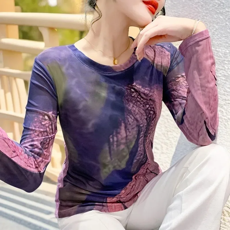 European Round Neck Long-sleeved T-shirt for Women New Autumn Wear Tie-dye Printed Mesh Top Fashion Versatile Bottoming Shirt
European Round Neck Long-sleeved T-shirt for Women New Autumn Wear Tie-dye Printed Mesh Top Fashion Versatile Bottoming Shirt