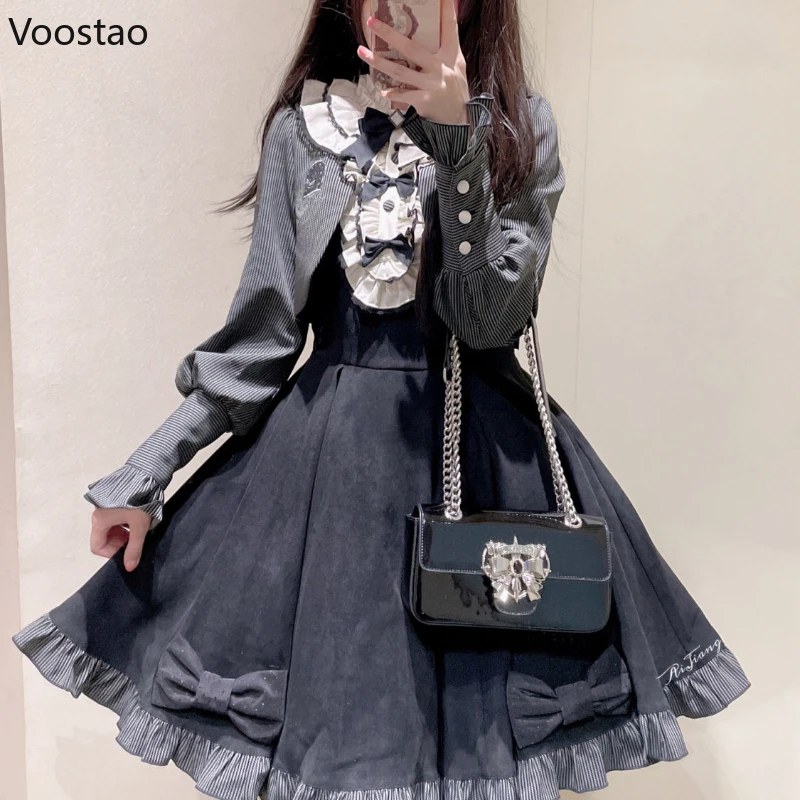 Japanese Gothic Lolita Style Dress Sets Women Vintage Sweet Bow Ruffles Short Jackets Party Dress Suit Female Korean 2 Piece Set
Japanese Gothic Lolita Style Dress Sets Women Vintage Sweet Bow Ruffles Short Jackets Party Dress Suit Female Korean 2 Piece Set