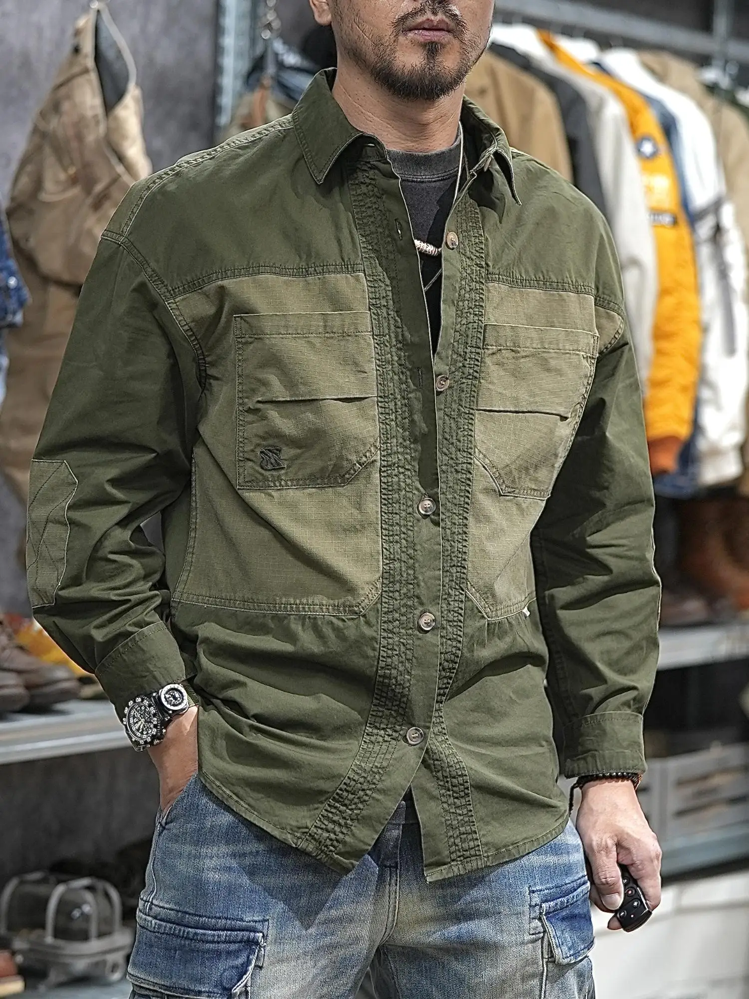 Patchwork Utility Casual Outdoor Workwear Shirts for Men Spring Summer High Quality 100% Cotton Drop Shoulder Safari Cargo Shirt
Patchwork Utility Casual Outdoor Workwear Shirts for Men Spring Summer High Quality 100% Cotton Drop Shoulder Safari Cargo Shirt
