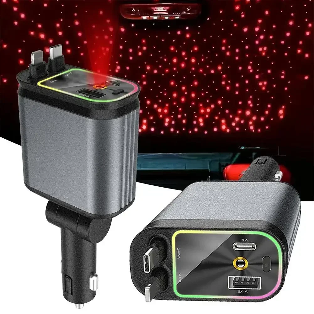 4 In 1 120W Retractable Car Charger Starlight In Car Roof,Star Night Light Type C Fast Charging Adapter,Dual Cable Car Charger
4 In 1 120W Retractable Car Charger Starlight In Car Roof,Star Night Light Type C Fast Charging Adapter,Dual Cable Car Charger