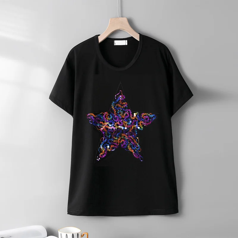 Summer 2022 New Fashion Korean short-sleeve T-shirts female Personality pointed star Sequined Loose Casual Round neck women tops
Summer 2022 New Fashion Korean short-sleeve T-shirts female Personality pointed star Sequined Loose Casual Round neck women tops