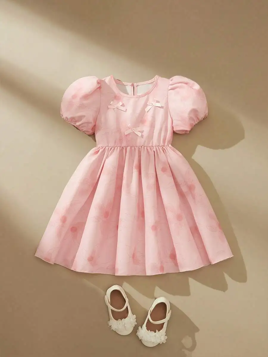 Pink Floral A-Line Puff Sleeve Dress With 3D Bows For Formal Occasions
Pink Floral A-Line Puff Sleeve Dress With 3D Bows For Formal Occasions