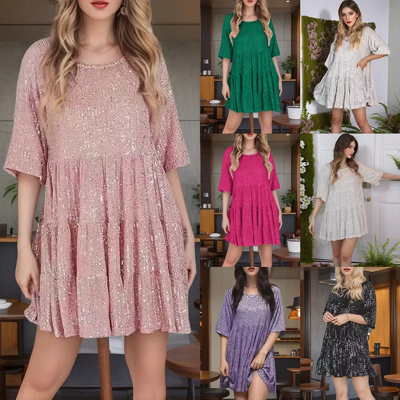 New Fashion Round Neck Loose Waist Short Sleeve Mini Dress With Sequins Elegant Party Wear Bright And Stylish Design Comfortable
New Fashion Round Neck Loose Waist Short Sleeve Mini Dress With Sequins Elegant Party Wear Bright And Stylish Design Comfortable
