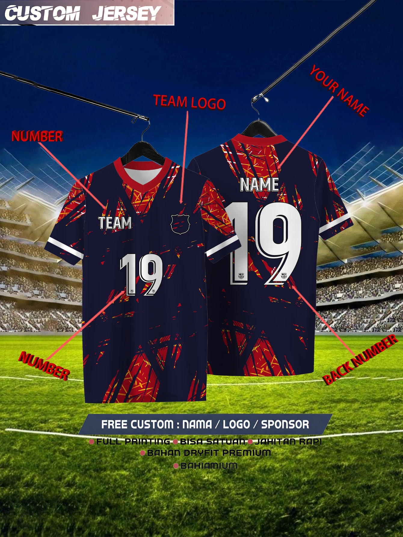Customized geometric navy blue short sleeved shirt with team name, emblem, name and number, outdoor sports short sleeved T-shirt
Customized geometric navy blue short sleeved shirt with team name, emblem, name and number, outdoor sports short sleeved T-shirt