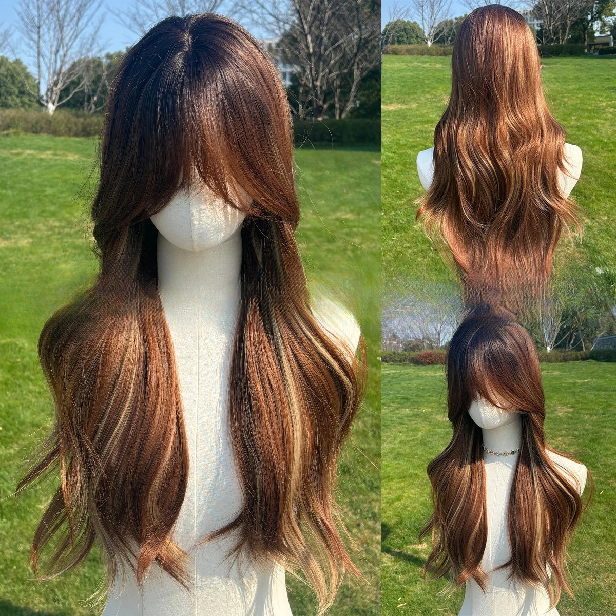 European and American wigs, women's fashion and fashion, fake headgear, medium division, long roll, brown highlights
European and American wigs, women's fashion and fashion, fake headgear, medium division, long roll, brown highlights