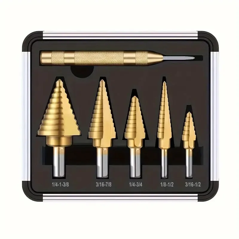 6pcs 5pcs HSS Sizes 5 Step Drill Bits Set 1pc Automatic Spring Loaded Center Punch Circle Hole Cutter X-Shaped OEM 
6pcs 5pcs HSS Sizes 5 Step Drill Bits Set 1pc Automatic Spring Loaded Center Punch Circle Hole Cutter X-Shaped OEM