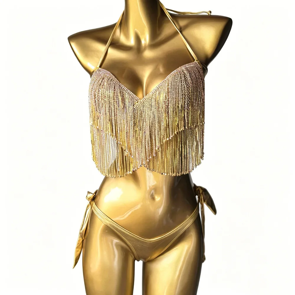 Women Split Swimsuit Gold Pink Rhinestones Chains Tassel Bikini 2 Piece Set Holiday Vacation Beach Swimwear Night Party Outfits
Women Split Swimsuit Gold Pink Rhinestones Chains Tassel Bikini 2 Piece Set Holiday Vacation Beach Swimwear Night Party Outfits