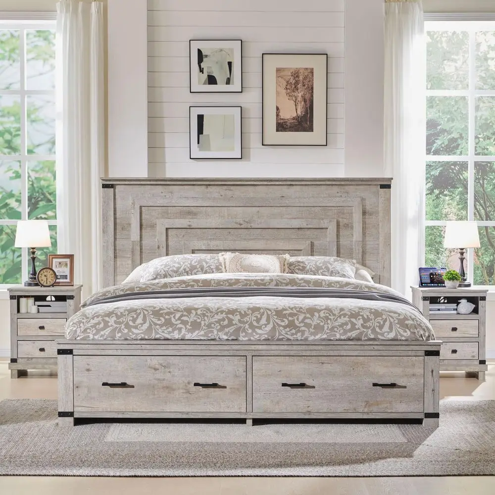 Farmhouse Queen Size Wood Bed Frame with 54 Tall Geometric Headboard, 2 Large Storage Drawers, Solid Wood Slats Support, Noise
Farmhouse Queen Size Wood Bed Frame with 54 Tall Geometric Headboard, 2 Large Storage Drawers, Solid Wood Slats Support, Noise