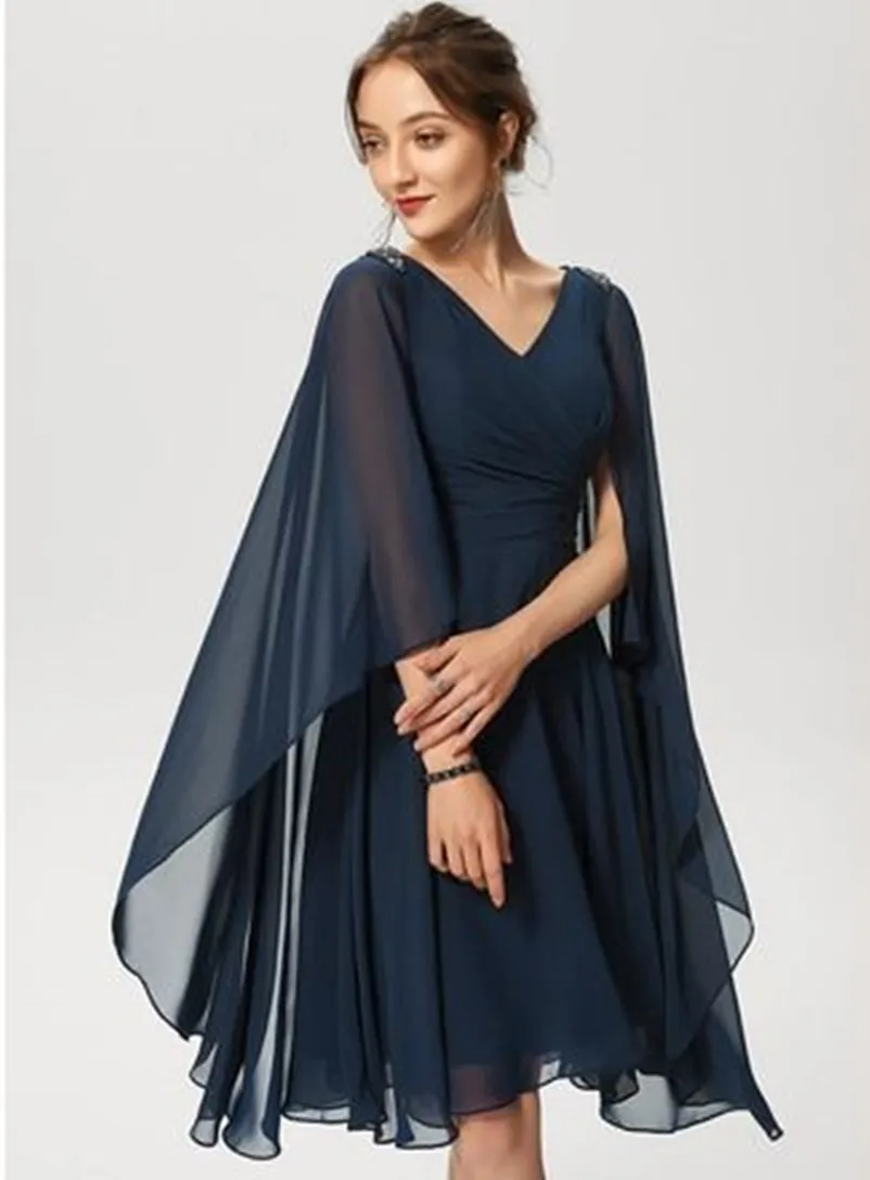 Customized Short Blue V-Neck Mother of the Brides Dresses A-Line Long Sleeve Chiffon Godmother Dress for Women 
Customized Short Blue V-Neck Mother of the Brides Dresses A-Line Long Sleeve Chiffon Godmother Dress for Women